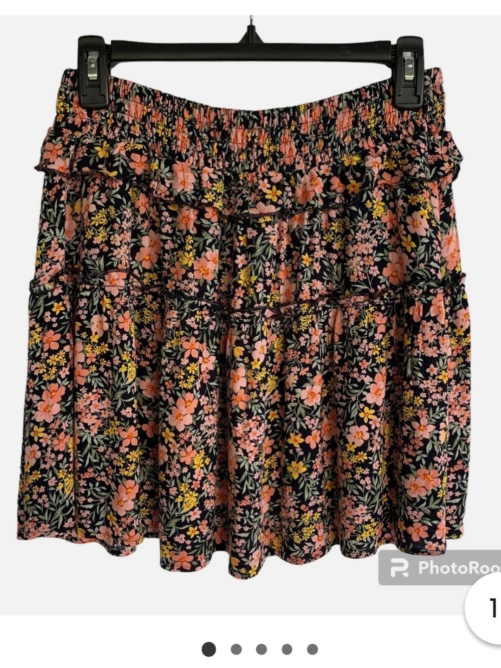 American Eagle Outfitters Black Floral Tiered Skirt with Pink & Yellow Flowers